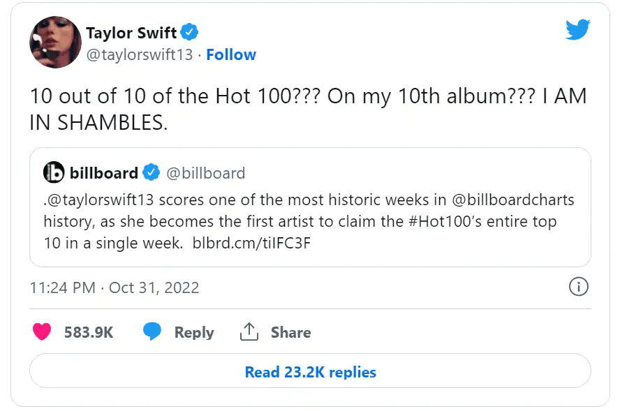 Taylor Swift comenta sobre haber logrado los 10 escaños de Billboard